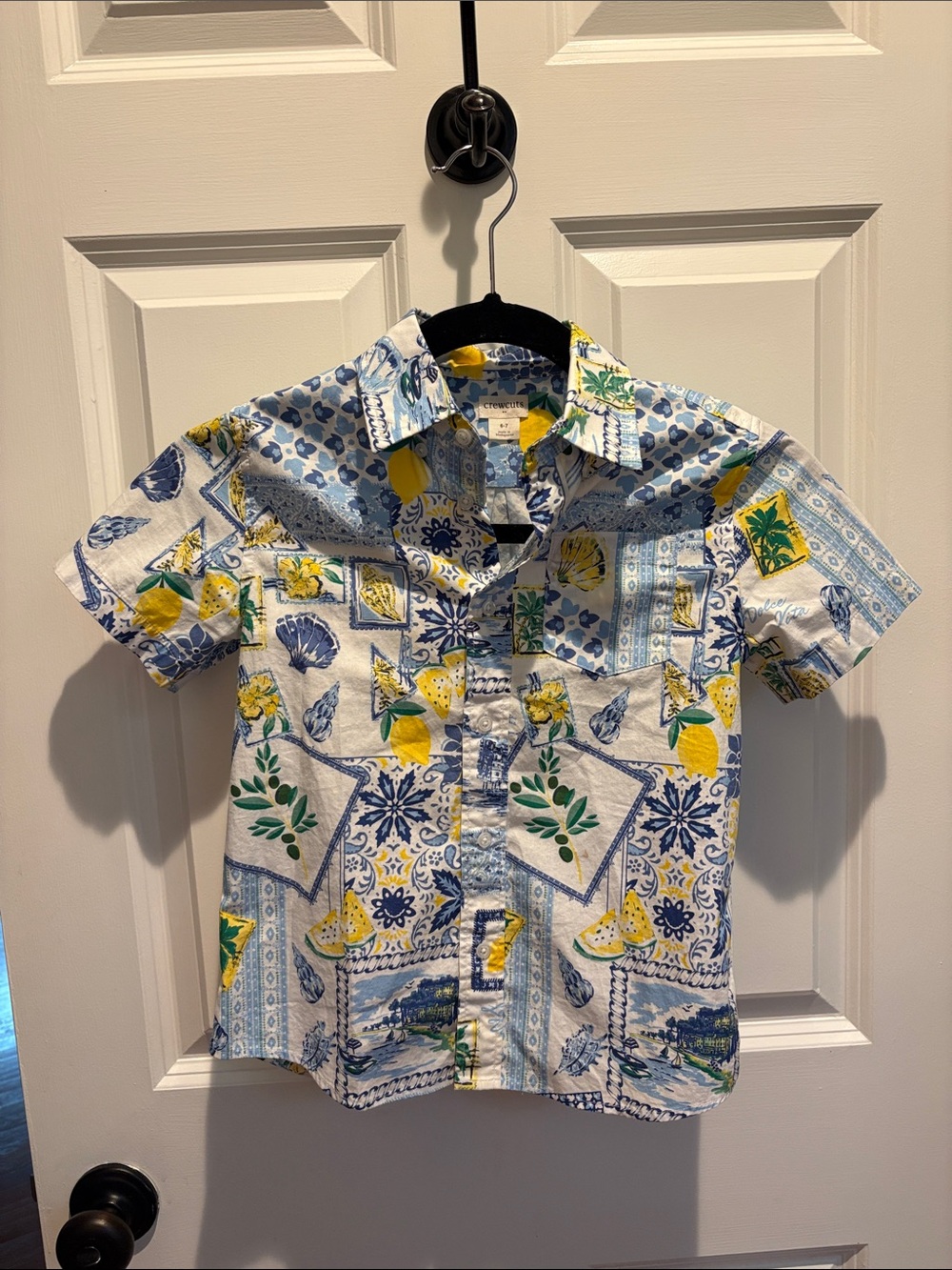 Crewcuts Short Sleeve Button-Down Shirt in Blue, Yellow, White